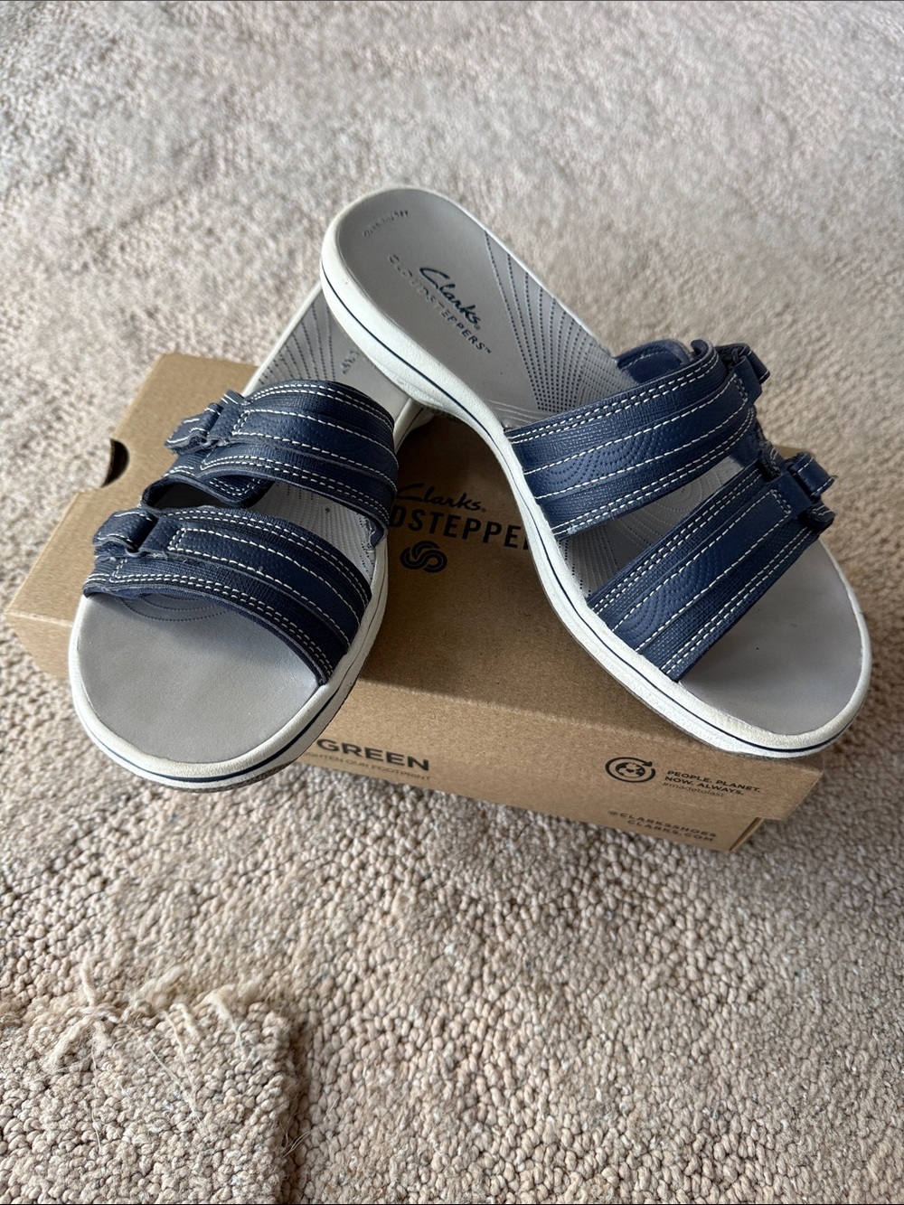 Clarks Women’s Navy Double-Strap Slide Sandals